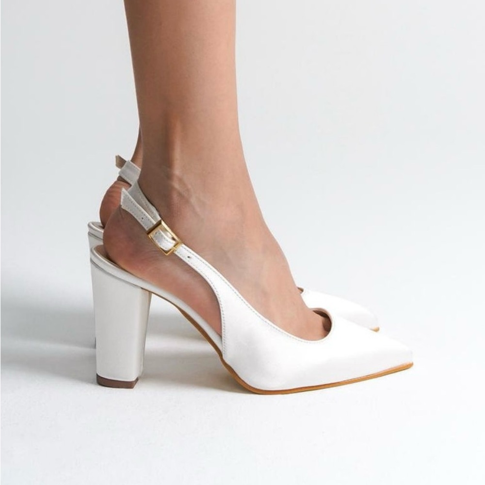 White Slingback Pointed-Toe Block Heel Pumps
